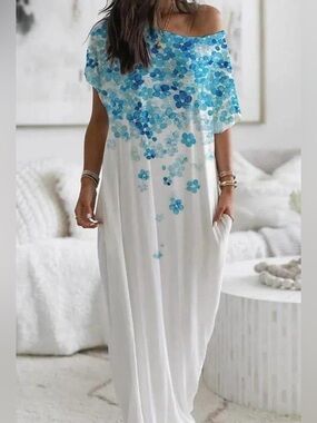 Beautiful lightweight White Maxi Dress with Blue Floral Ombre design, large.